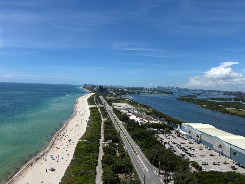 Aerial view of coastal highway and beach, South Florida