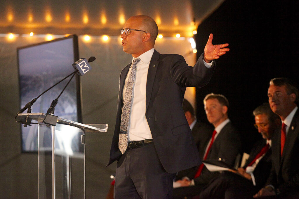 Alexandria Mayor Justin Wilson speaks at the announcement of a new arena for the Washington Wizards and Capitals in Potomac yard in Alexandria Dec. 13 2023 staff photo by James Cullum
